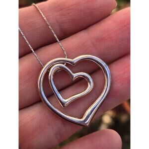 Gorgeous Italian Sterling Silver Double/Dual Hearts Pendant Necklace, 17"